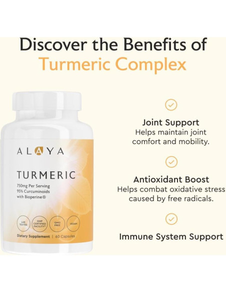 Cápsulas de Cúrcuma Curcumina Alaya Naturals 750 mg - 95% Curcuminoides