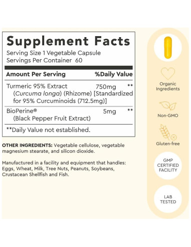Cápsulas de Cúrcuma Curcumina Alaya Naturals 750 mg - 95% Curcuminoides