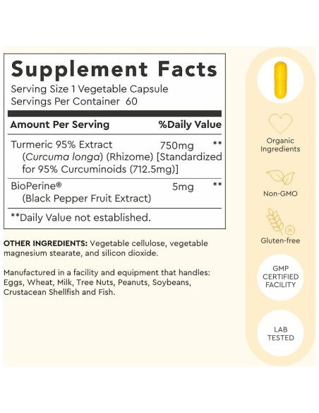 Cápsulas de Cúrcuma Curcumina Alaya Naturals 750 mg - 95% Curcuminoides