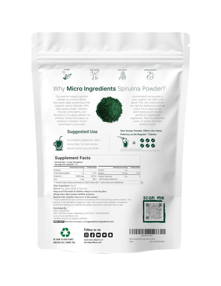 Polvo de Espirulina Orgánica Micro Ingredients 454g Sin OGM Polvo de Espirulina Orgánica Micro Ingredients 454g Sin OGM