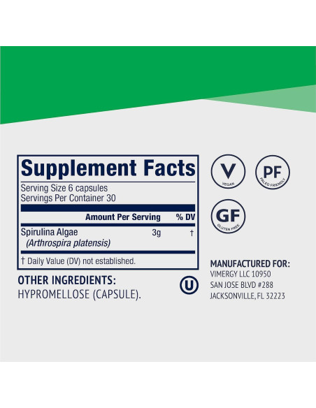 Cápsulas de Spirulina Vimergy - Proteína Vegetal 180 Unidades