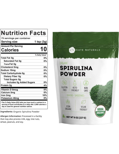 Polvo de Espirulina Orgánica Kate Naturals 227 g - Superalimento