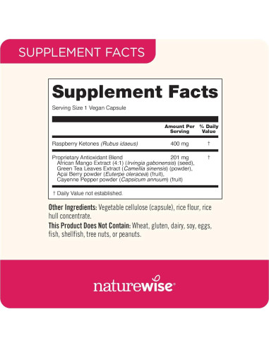 Cetonas de Frambuesa NatureWise 120 Cápsulas - Vegano, Antioxidante