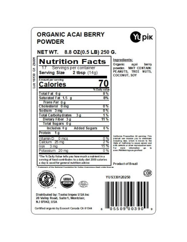 Polvo de Baya de Acai Orgánico Yupik 250g Vegano Sin Gluten