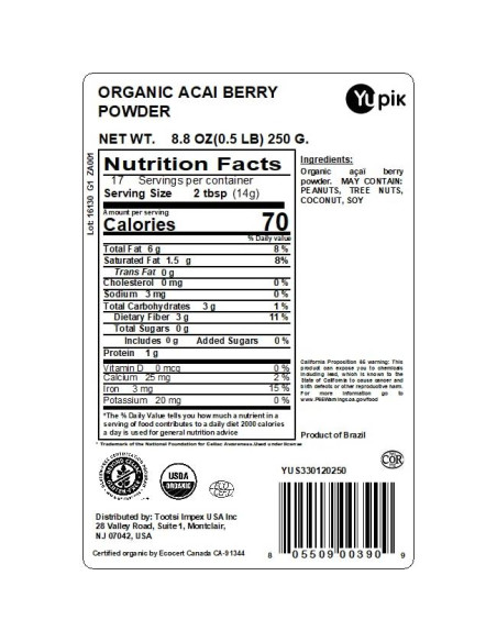 Polvo de Baya de Acai Orgánico Yupik 250g Vegano Sin Gluten
