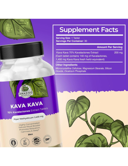 Tabletas de Kava Kava Alta Potencia 1400mg Amazing Botanicals