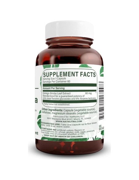 Suplemento Ginkgo Biloba Natural Nutra 60 Cápsulas Veganas