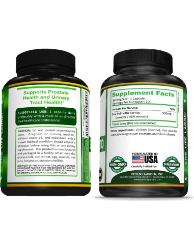 Suplemento Saw Palmetto 500 mg Potent Garden - 100 cápsulas
