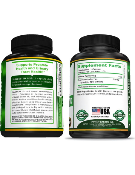 Suplemento Saw Palmetto 500 mg Potent Garden - 100 cápsulas
