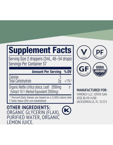 Extracto de Ortiga Vimergy 115 mL - Orgánico, Vegano, Sin Gluten
