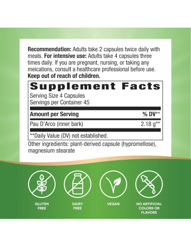 Pau d'Arco Nature's Way 180 Cápsulas 2180 mg Sin OGM