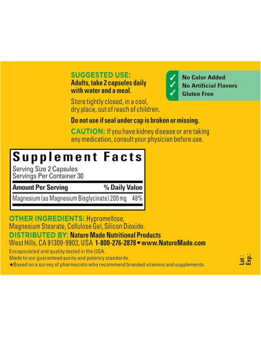 Nature Made Magnesio Glicinato 200 mg - 60 Cápsulas Suplemento