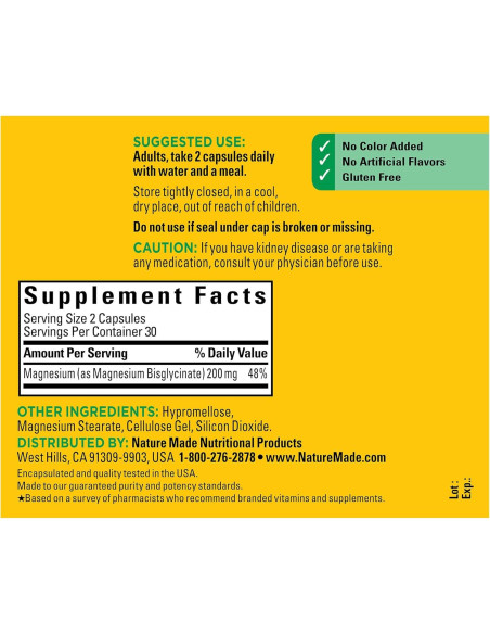 Nature Made Magnesio Glicinato 200 mg - 60 Cápsulas Suplemento