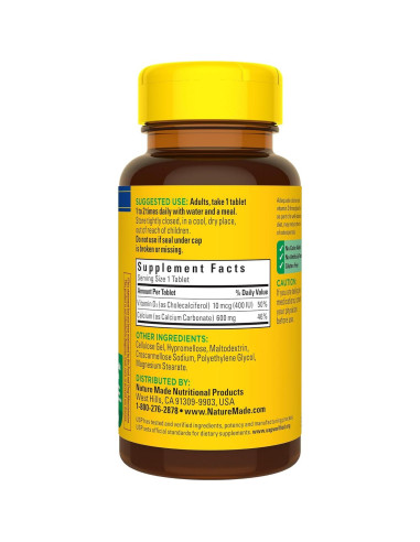 Suplemento de Calcio 600 mg con Vitamina D3 Nature Made 60 Tabletas