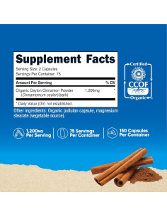 Suplemento de Canela Orgánica Nutricost 1200mg 150 Cápsulas 2
