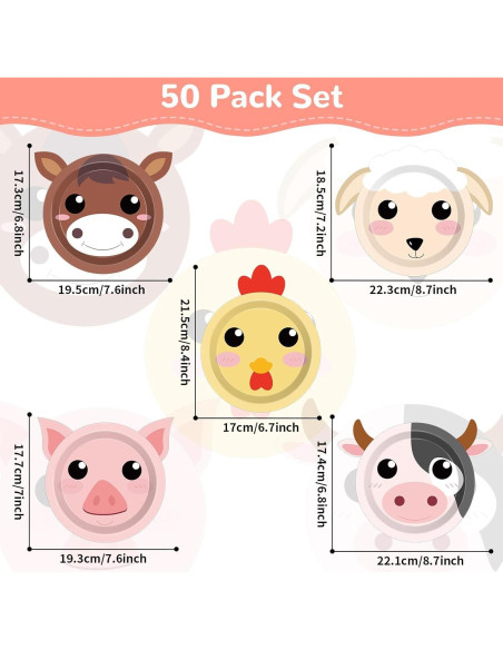 50 Platos de Papel Animales de Granja Naozinebi 23.5x22.5cm