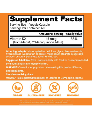 Vitaminas K2 MK-7 Doctor's Best 60 Cápsulas Veganas Sin Gluten