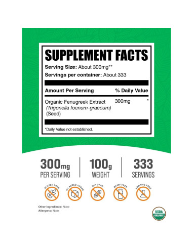 Extracto de Fenogreco Orgánico en Polvo BulkSupplements 100g