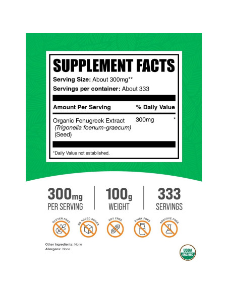 Extracto de Fenogreco Orgánico en Polvo BulkSupplements 100g