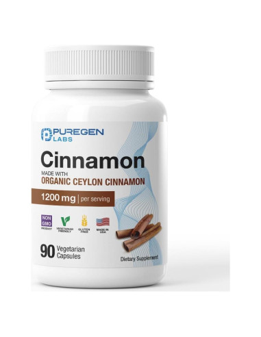 Canela Orgánica Puregen Labs 1200mg 90 Cápsulas Vegetales
