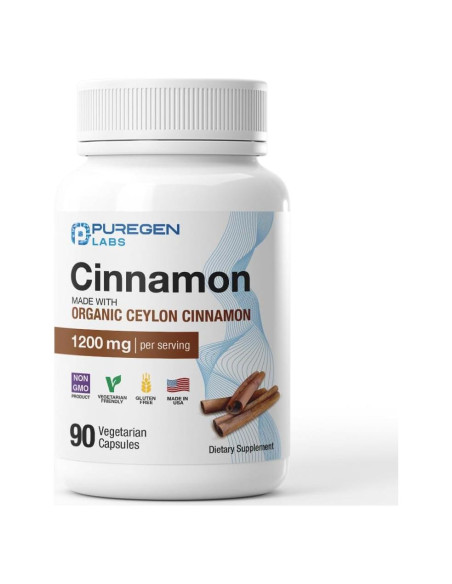 Canela Orgánica Puregen Labs 1200mg 90 Cápsulas Vegetales
