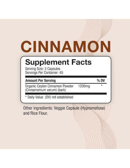 Canela Orgánica Puregen Labs 1200mg 90 Cápsulas Vegetales