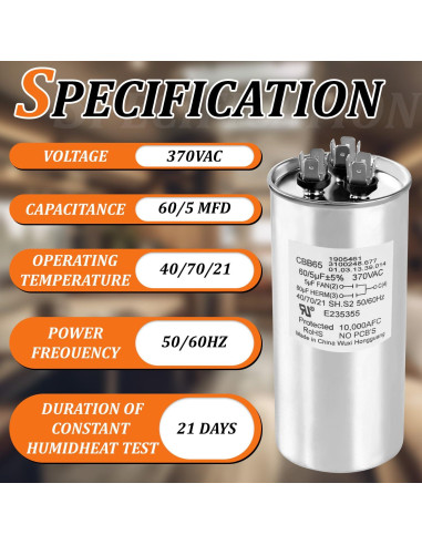 Capacitor de Motor Aire Acondicionado RV Dometic 3312195.000 60/5 MFD