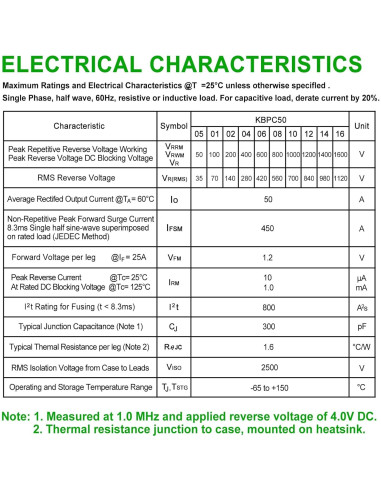 Diodo Rectificador de Puente KBPC5010 1000V 50A 8 Piezas