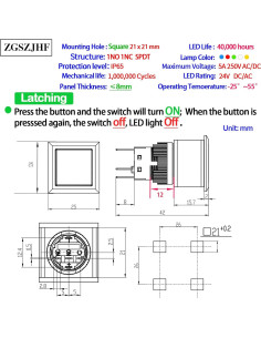 Interruptor Cuadrado ZGSZJHF 21x21mm 12/24V LED Azul IP65 2