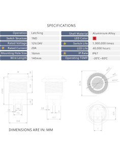 Interruptor pulsador LED 12-24V CC 20A Rojo 16mm IP67 2