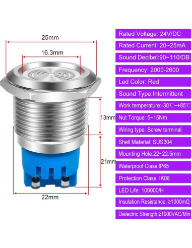 2 Piezas Luz de Alarma Flash Rojo 24V IP65 Gebildet 22mm