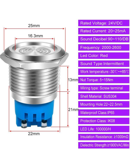 2 Piezas Luz de Alarma Flash Rojo 24V IP65 Gebildet 22mm