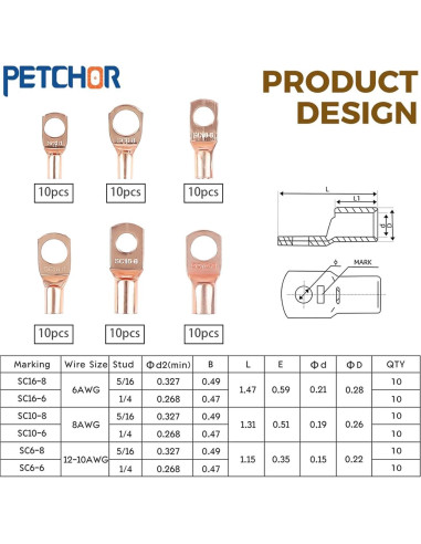 140 Conectores de Terminal de Cable de Cobre PETCHOR AWG 4-10