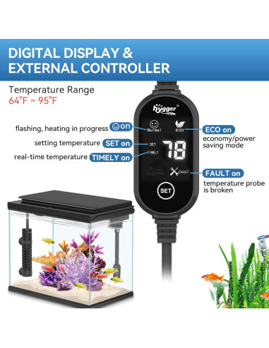 Calentador de Acuario Cerámico Hygger 50W para 11-38L