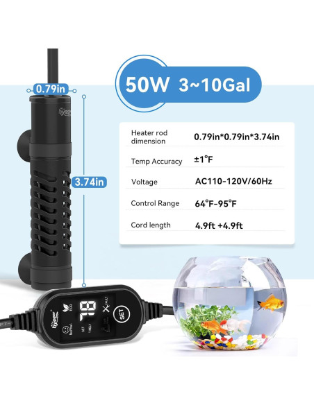 Calentador de Acuario Cerámico Hygger 50W para 11-38L