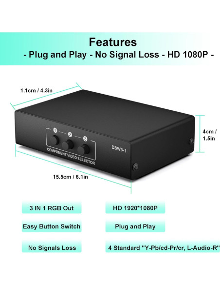 Conmutador AV Componente 3 en 1 LUKFOCAB 1080P 5 RCA