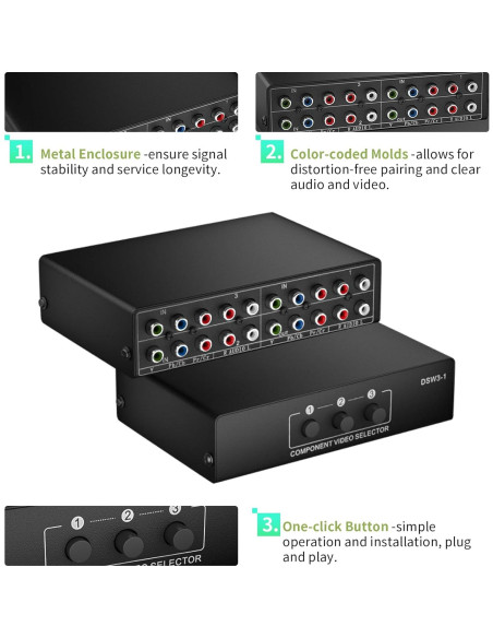 Conmutador AV Componente 3 en 1 LUKFOCAB 1080P 5 RCA