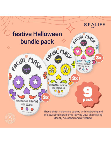 Paquete de 9 Máscaras Faciales SpaLife Día de Muertos - Hidratantes