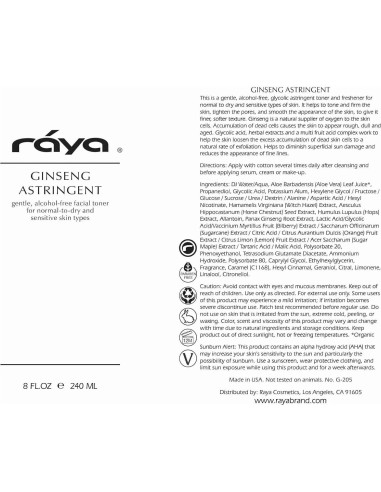 Tónico Astringente Ginseng RAYA 177 ml - Ácido Glicólico Piel Seca