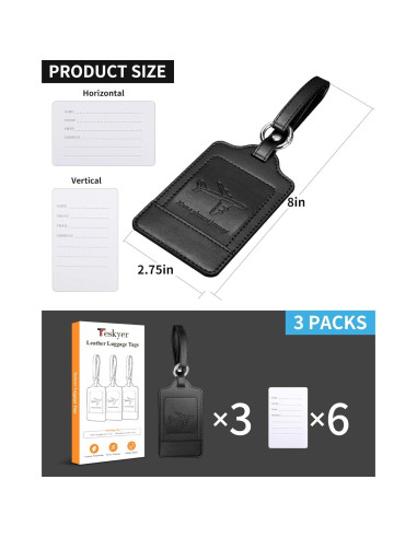 Etiquetas de Equipaje Teskyer - Paquete de 3 de Cuero PU Negro