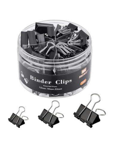 100 Clips de Carpeta NEEWAY Negros Tamaños Asortidos 1.5-2.5cm
