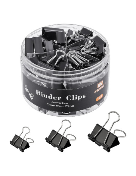 100 Clips de Carpeta NEEWAY Negros Tamaños Asortidos 1.5-2.5cm