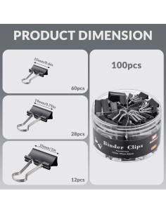 100 Clips de Carpeta NEEWAY Negros Tamaños Asortidos 1.5-2.5cm 2