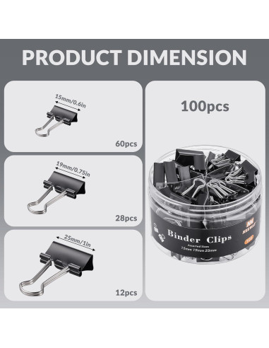 100 Clips de Carpeta NEEWAY Negros Tamaños Asortidos 1.5-2.5cm