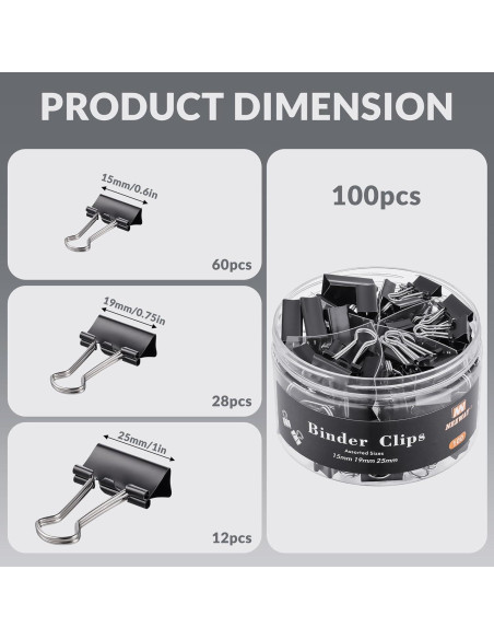 100 Clips de Carpeta NEEWAY Negros Tamaños Asortidos 1.5-2.5cm