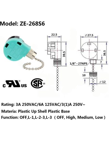 Interruptor de Ventilador de Techo 3 Velocidades DAYONE ZE-268S6 Interruptor de Ventilador de Techo 3 Velocidades DAYONE ZE-268S6
