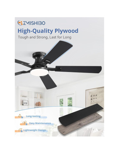 Ventilador de Techo ZMISHIBO 52" con Luz LED y Control Remoto