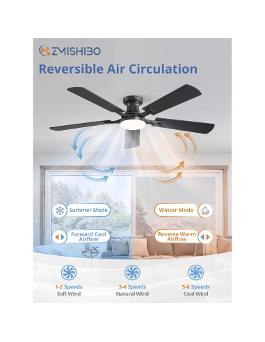 Ventilador de Techo ZMISHIBO 52" con Luz LED y Control Remoto