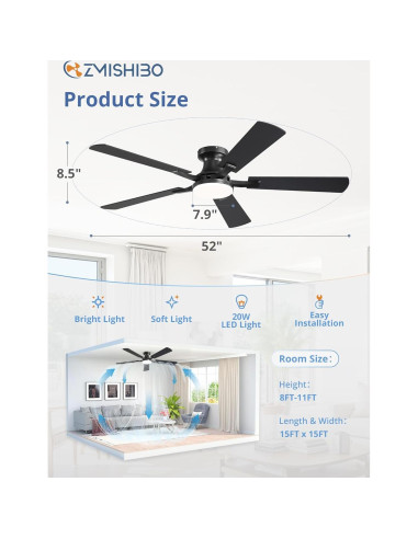 Ventilador de Techo ZMISHIBO 52" con Luz LED y Control Remoto