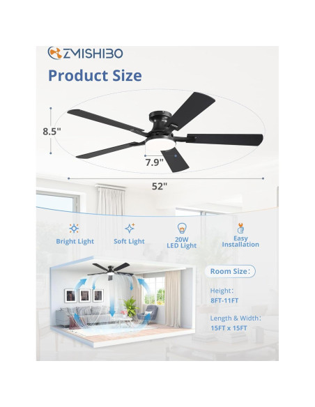 Ventilador de Techo ZMISHIBO 52" con Luz LED y Control Remoto Ventilador de Techo ZMISHIBO 52" con Luz LED y Control Remoto